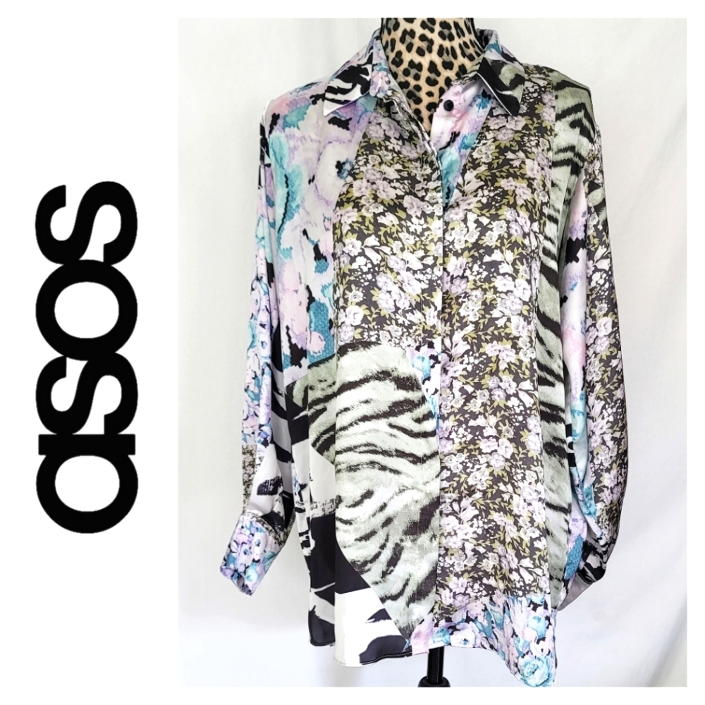 ASOS Oversized Colorful Multi Patterned Button Down Long Sleeve Blouse